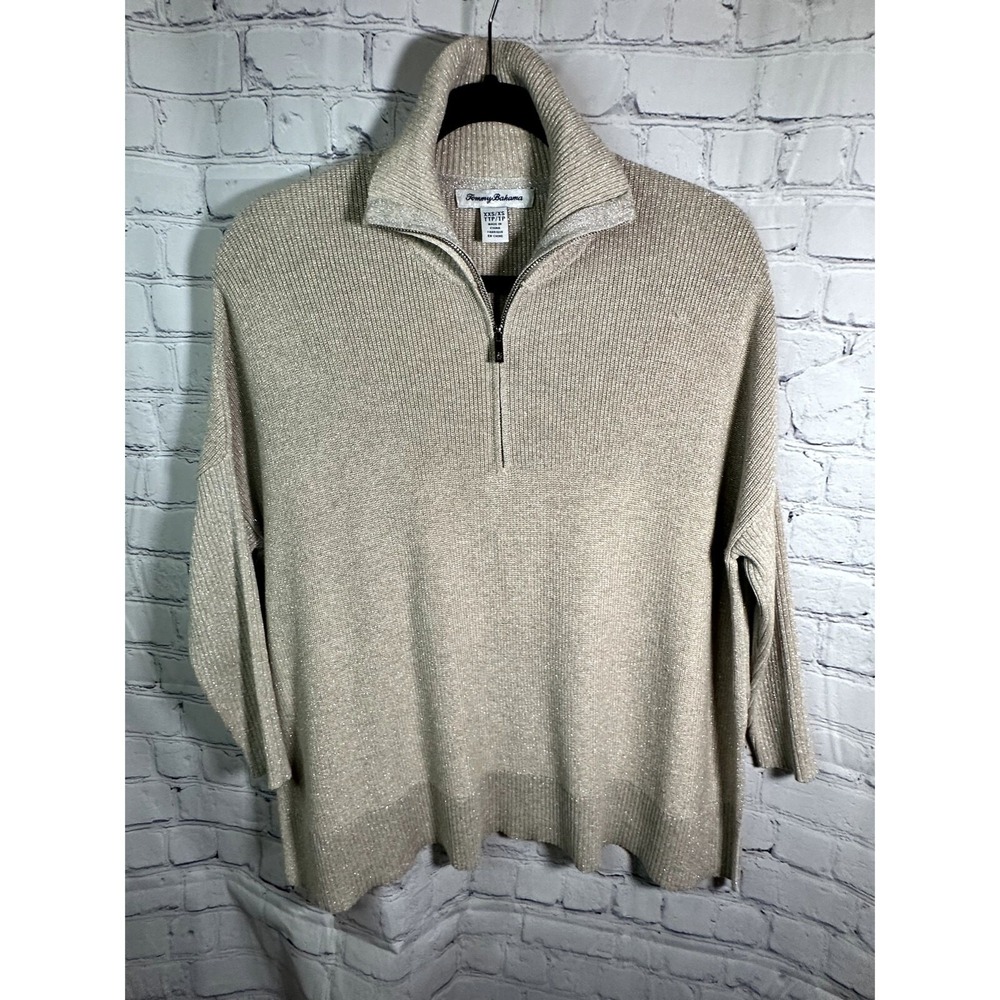 Tommy Bahama Mens XXS/XS Champagne Gold Metallic Ribbed Quarter Zip Sweater
